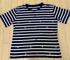 SHIPS 青と白ボーダー刺繍のお花付TシャツＬ〜XＬのサムネイル