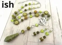 【C061】ishオリーブジェイドペンデュラムネックレス＆ピアス