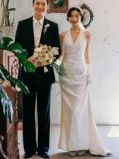 C306　マーメイドラインドレス サテン ホルターネックウェディングドレス