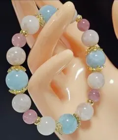 大玉アクアマリン♡ピンクマイカ♡ディープローズクォーツ内径15㎝ブレス