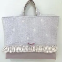 レッスンバッグ　【紫お花ヌビ×くすみピンク】　女の子　マーガレット　手提げ　紫