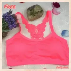 蝶のレースが背中を舞う スポーツブラ 後ろも美人 蛍光ピンク ヨガ ナイトブラ