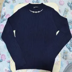 クリアインプレッション　ネイビー リブ編み セーター パール装飾