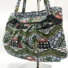 美品✨ がま口 ビーズバッグ 総柄 刺繍 ハンドバッグ レトロ マルチカラー