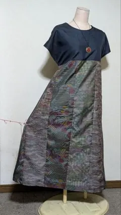 大島絣着物リメイクロングワンピース 321