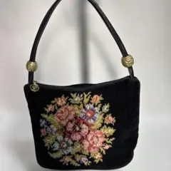 FEILER フェイラー 花柄 刺繍 シュニール織り ハンドバッグ ブラック