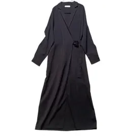 ブラックラップドレス ウエストベルト付きロングワンピース