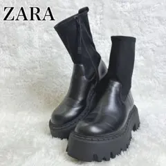 ZARA ザラ 黒 レザー 厚底 フィット ソックス サイドジップ ブーツ