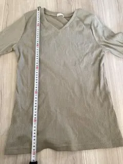 レディース　カーキ リブ編み Vネック 半袖Tシャツ M