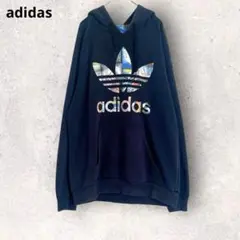 アディダス　ネイビー　フード付きパーカー　長袖　L相当　コットン混　デカロゴ