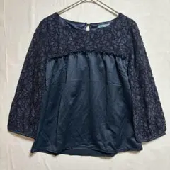 花柄　レース　ブラウス　Ｌ　ネイビー　七分袖　シンプル　大人かわいい