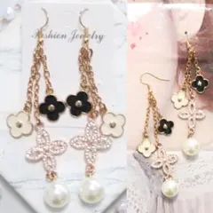 シャネルストーン モノグラムフラワー ストーン ロングおおぶりピアス