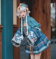 チャイナドレス コスプレ衣装 青 L　キョンシー