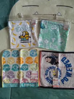 ★お買い得★　新品未使用 ミニオン 巾着 タオルハンカチ 4枚セット