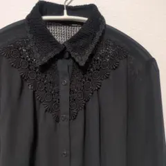 ヴィンテージ風 総レース襟 シアーブラウス 黒 透け感 長袖 レトロ 上品
