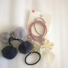 ヘアアクセ　パール付きファーヘアクリップ、ヘアゴムセット　全７点