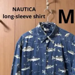 00s NAUTICA 長袖シャツ　総柄　魚柄　ノーティカ　M ボタンダウンのサムネイル