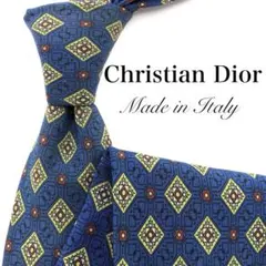【美品】Christian Dior ネクタイ ひし形 総柄 ネイビー 黄緑