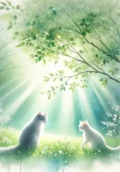 猫と自然の水彩画風