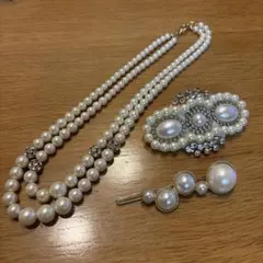 パール調ネックレス ブローチ ヘアピン 3点セット