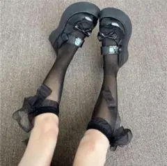 리본 하이삭스 블랙 양말 스타킹 로리타 코스프레 메이드