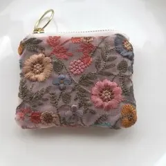インド刺繍リボン　ミニポーチ　ピンク