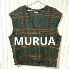 ムルーア　ツイード　ルーズベスト　チェック柄　グリーン　S レイヤードウール混