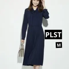 美品♡ PLST ボウタイ ジョーゼットプリーツドッキングワンピース ネイビー
