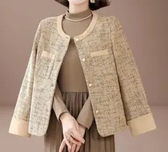 2点セット 上品 スーツ ベージュ ツイード風 ジャケット プリーツ ワンピース