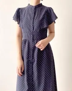 ネイビー ドット柄 フリル袖 ワンピース　GU
