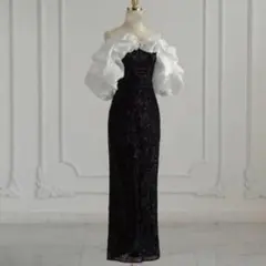 ワンピースドレス　ロング　オフショルダーフリル　ハイエンド　スパンコール