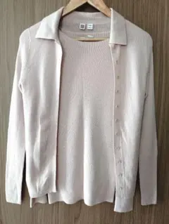 ピンクベージュ ボタン付きカーディガンと長袖トップスセット