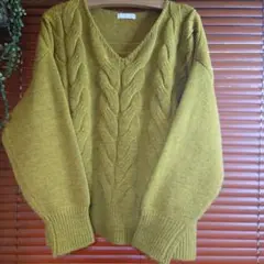 『earth music&ecology』マスタード Vネック ケーブル編ニット