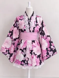 カワイイ❤︎姫ギャル 浴衣ドレス 黒×ピンク レース＆ふわふわ