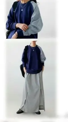 アンティカ⭐ネイビー/グレー ラグランスリーブ スウェット⭐レギュラーサイズ