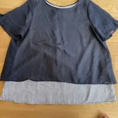 ネイビー ストライプ柄 半袖 ブラウスM