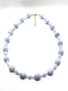 【激レア】本真珠ホワイトパール＆大珠ブルーレースネックレス50cm 空色縞瑪瑙