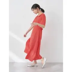 赤いシャツワンピース 半袖 ウエストリボン付き