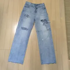 ダメージ加工 ライトブルー ワイドレッグデニム S