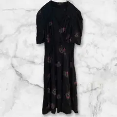 花柄 ロングワンピース ネイビー 五分袖 カシュクール風 小花柄 レディース