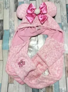 ディズニーリゾート ミニー ヒョウ柄 マフラーキャップ ピンク