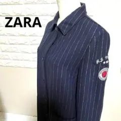 ZARA ストライプ ロング ジャケット ワンピース ネイビー L 美品