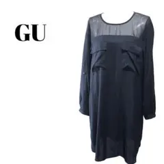 【GU】 サテン×シアー 膝丈ワンピース チュニック ネイビー Mサイズ