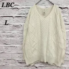 エルビーシー 【L】 ケーブル編み長袖ニット セーター Vネック ホワイトのサムネイル