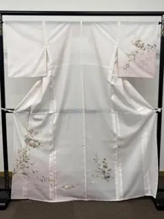 C◇着物くつろぎ 夏物 花模様 金彩 白 付下げ 正絹 薄物 絽 紗 着物 08