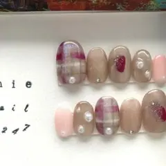 ネイルチップ現品【03247】グミ無し チェック柄 ピンク ベージュマグネット