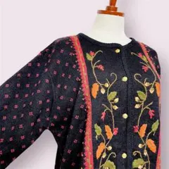 vintageヴィンテージニットカーディガンブラック刺繍レトロメキシコ製海外古着