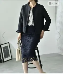 インタープラネット　ケミカルレース　タイトスカート　M ネイビー　裏地あり