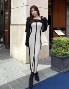 【新品未使用】rienda バイカラーオフショルリボンニットワンピース