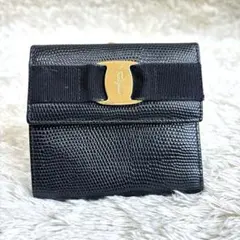 極美品】Ferragamo 小物入れ ポーチ ヴァラリボン リザード型押し 黒